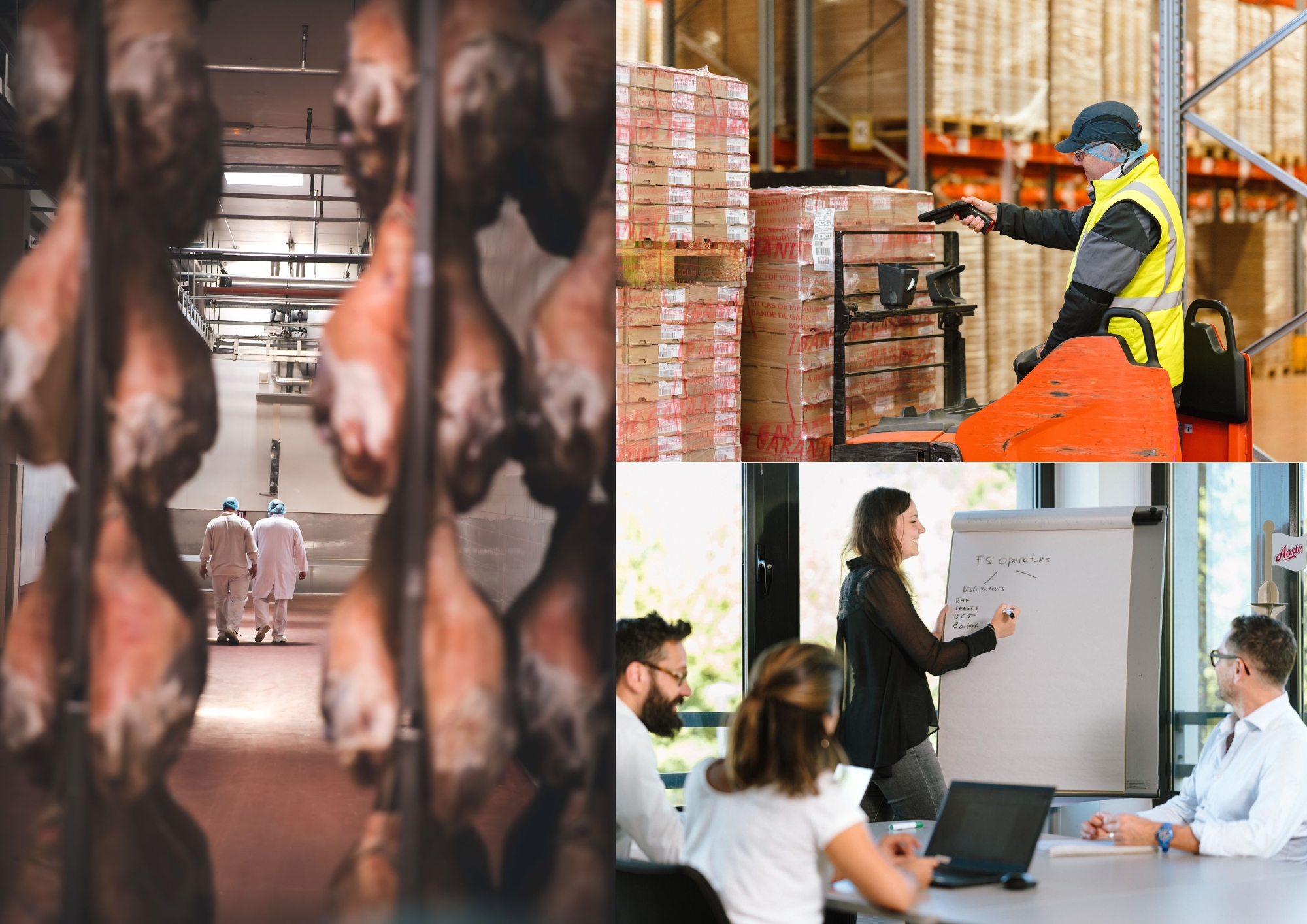 Mosaïque illustrant les métiers du groupe Aoste : production, qualité, logistique et bureaux, avec des collaborateurs au travail.
